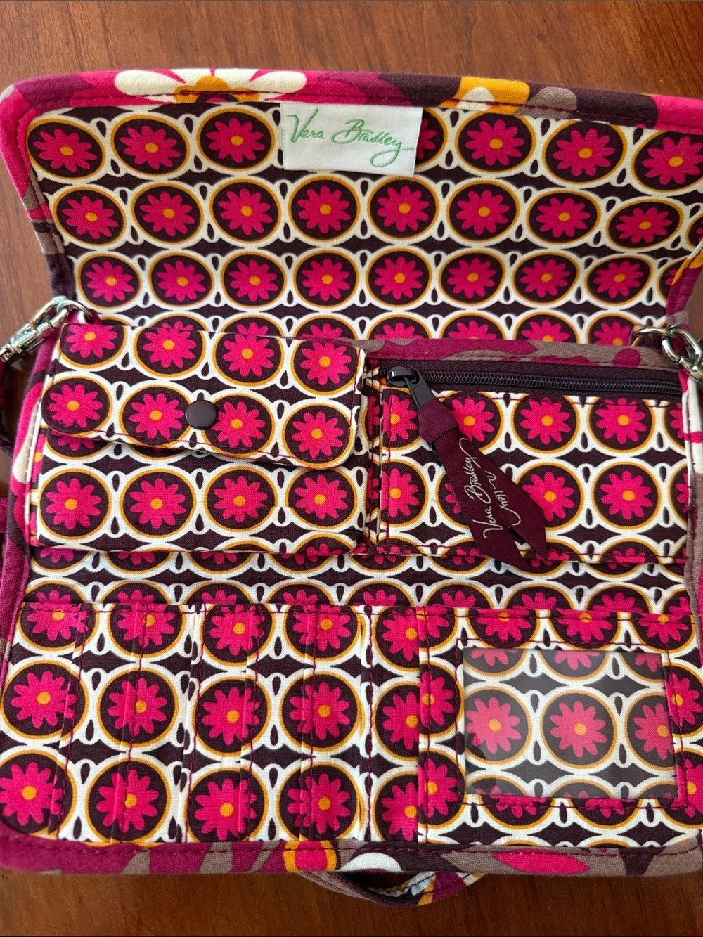Vera Bradley Quilted Floral Crossbody Clutch in Magenta and Brown Floral